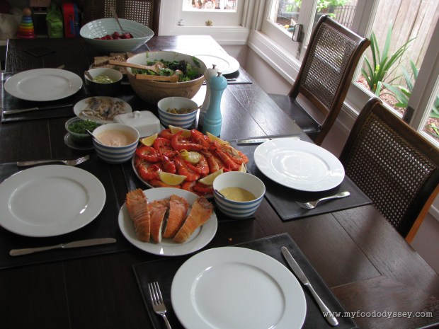Christmas lunch of juicy prawns and Balmain bugs (a type of clawless lobster). Australia, Christmas 2009/10.